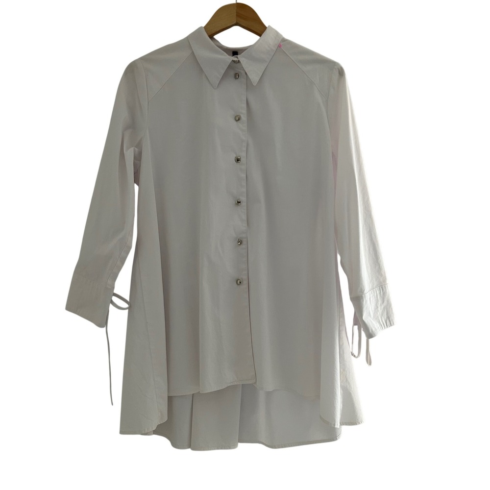 IC by Connie K White Back Zip Tunic Button Down Shirt Tie Cuff Minimalist Chic M